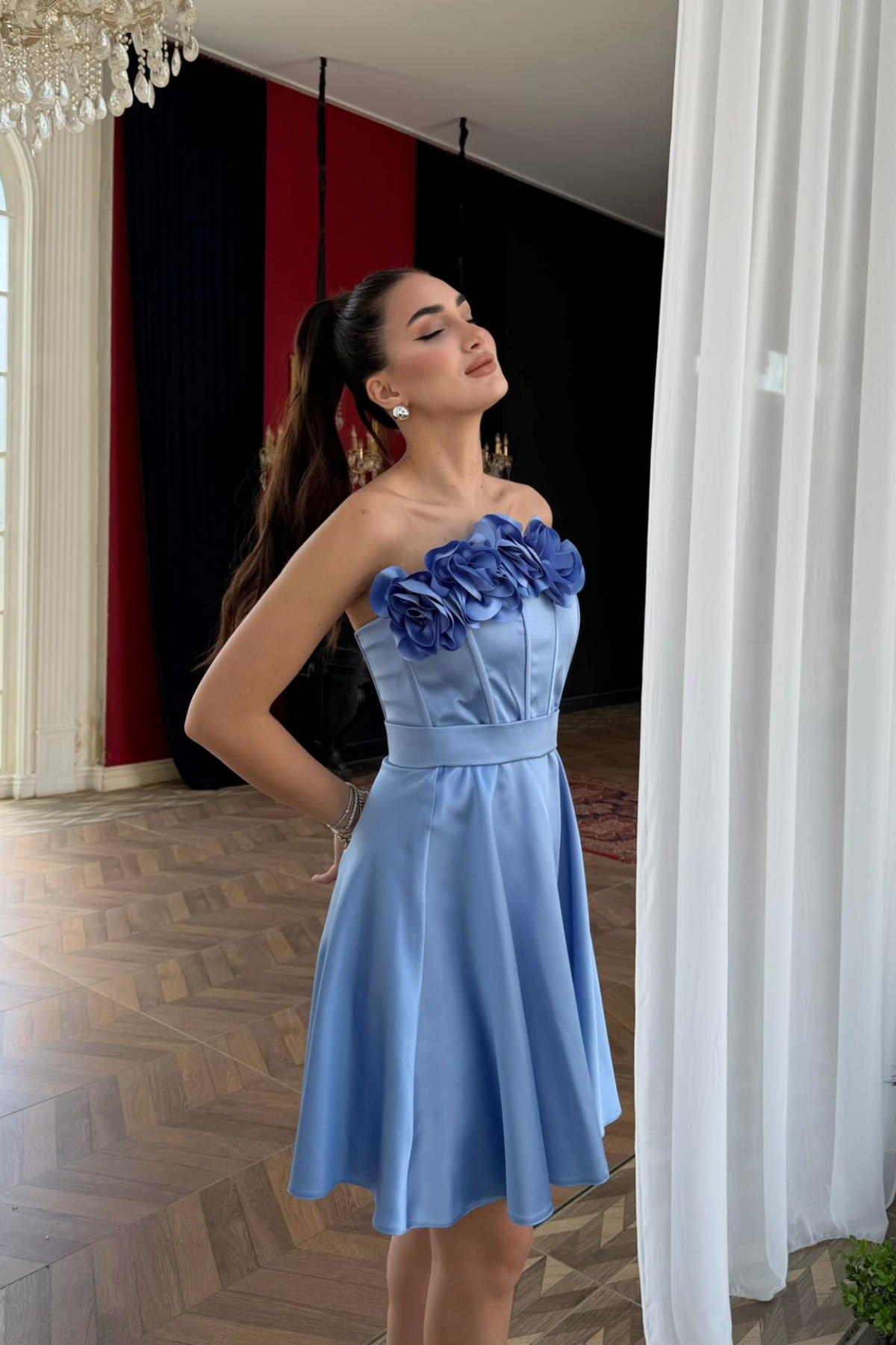 Blanca Straplez Gül Detay Mini Elbise 1101 BEBE MAVİSİ