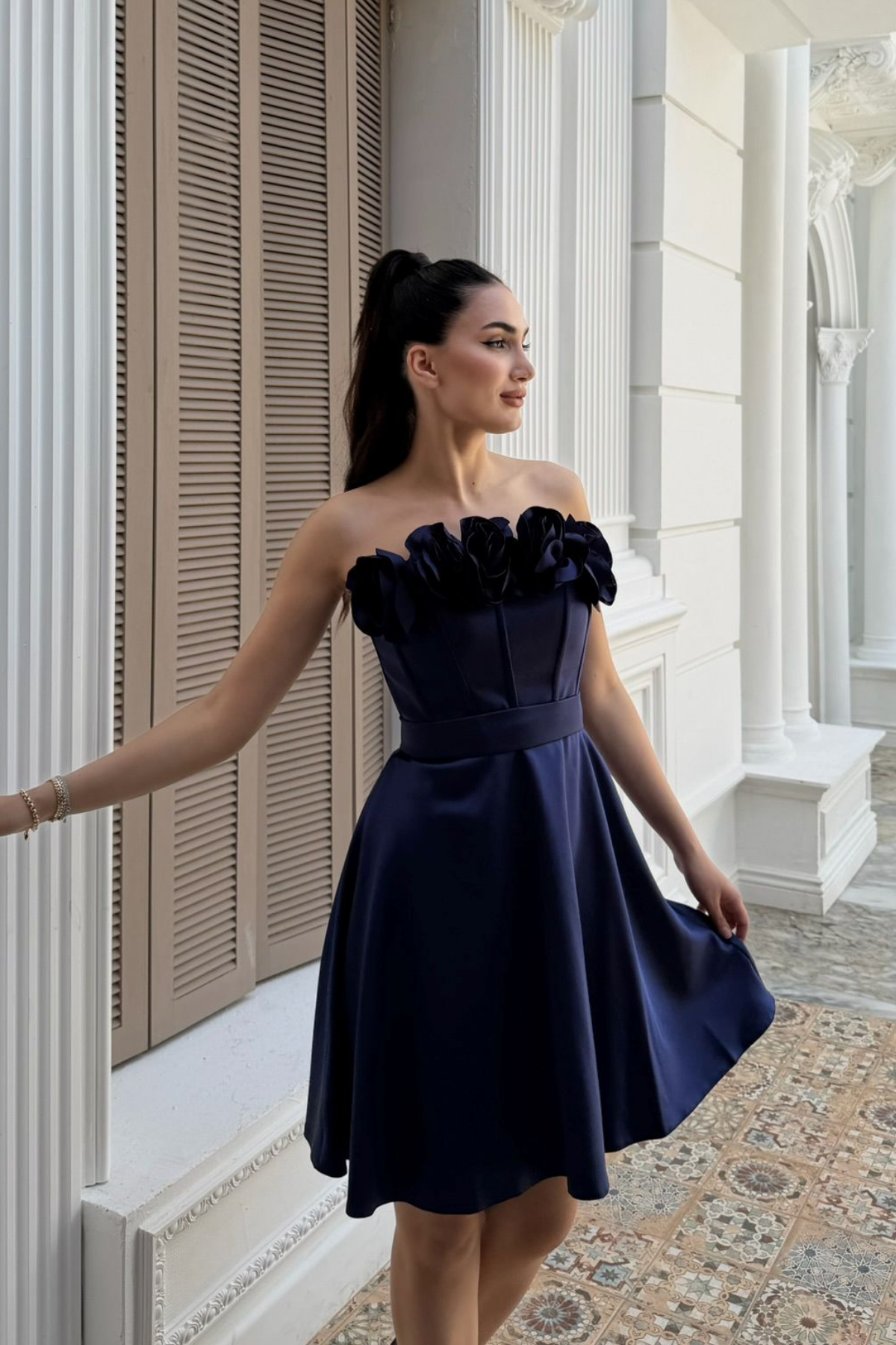Blanca Straplez Gül Detay Mini Elbise 1101 LACİVERT