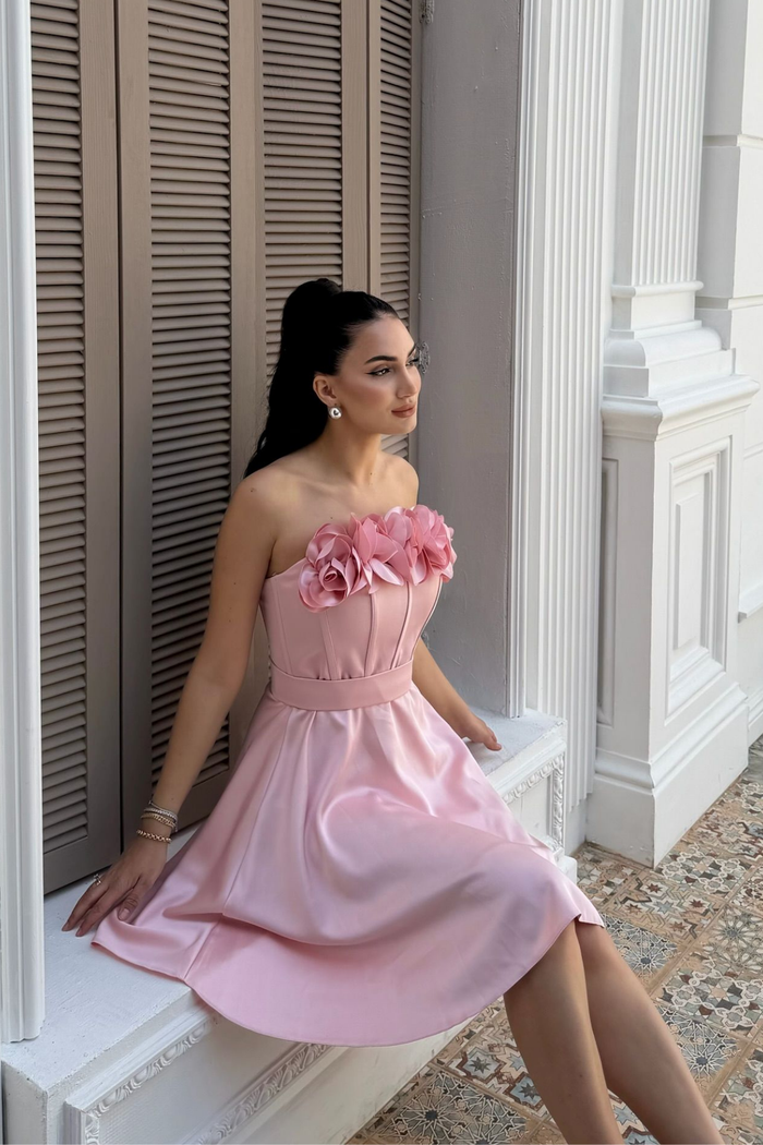 Blanca Straplez Gül Detay Mini Elbise 1101 PUDRA