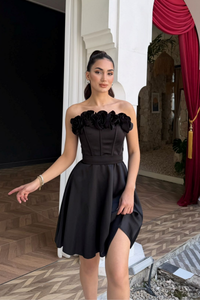 Blanca Straplez Gül Detay Mini Elbise 1101 SİYAH