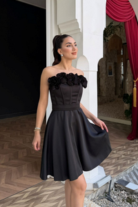 Blanca Straplez Gül Detay Mini Elbise 1101 SİYAH