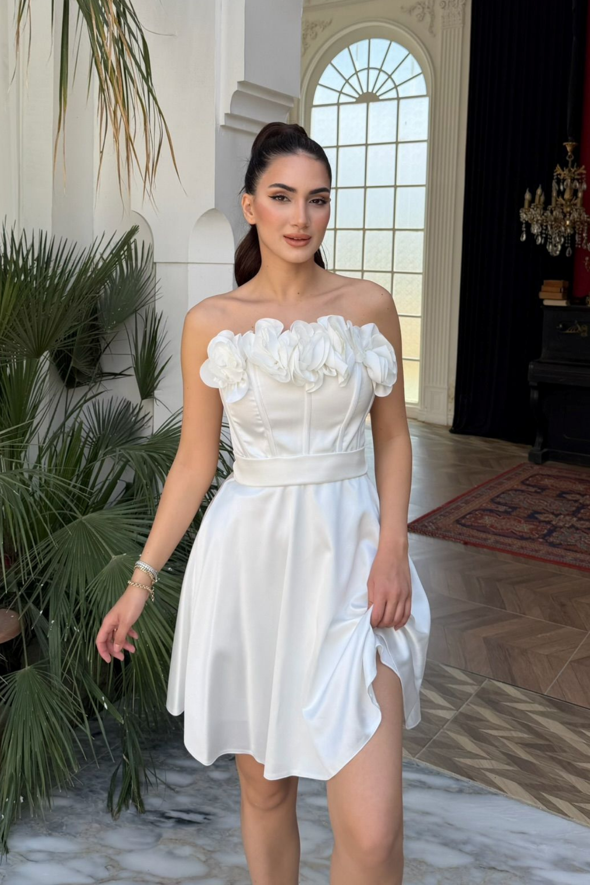 Blanca Straplez Gül Detay Mini Elbise 1101 BEYAZ