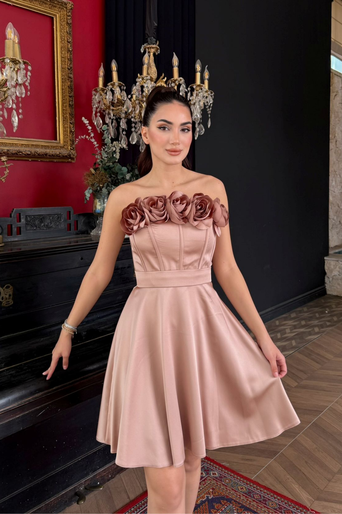 Blanca Straplez Gül Detay Mini Elbise 1101 TABA