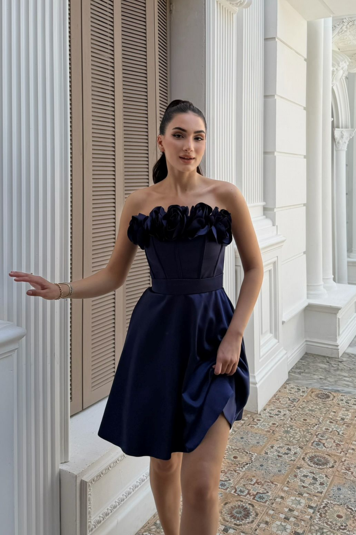 Blanca Straplez Gül Detay Mini Elbise 1101 LACİVERT