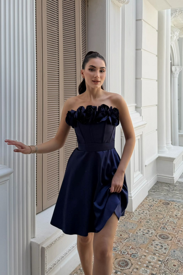 Blanca Straplez Gül Detay Mini Elbise 1101 LACİVERT