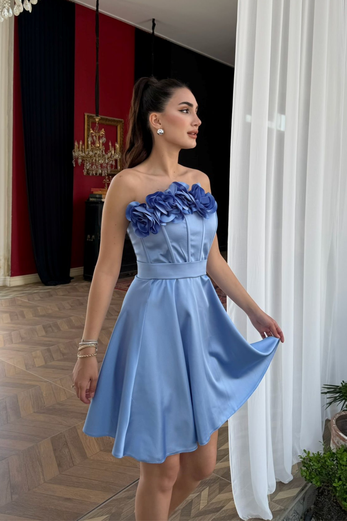 Blanca Straplez Gül Detay Mini Elbise 1101 BEBE MAVİSİ