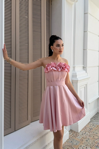 Blanca Straplez Gül Detay Mini Elbise 1101 PUDRA