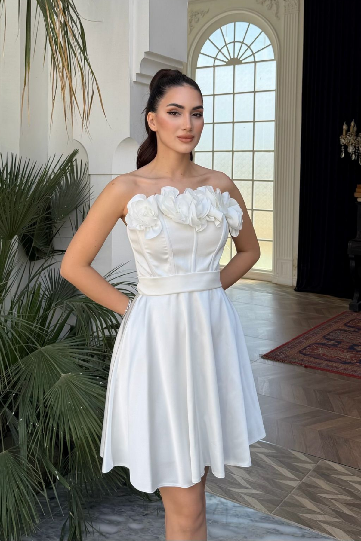 Blanca Straplez Gül Detay Mini Elbise 1101 BEYAZ
