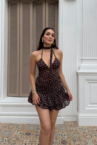 Burçe Tül Puantiyeli Bluz Etek İkili Takım 3042 ACI KAHVE