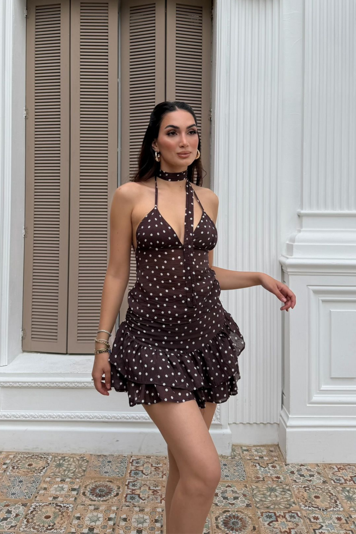 Burçe Tül Puantiyeli Bluz Etek İkili Takım 3042 ACI KAHVE
