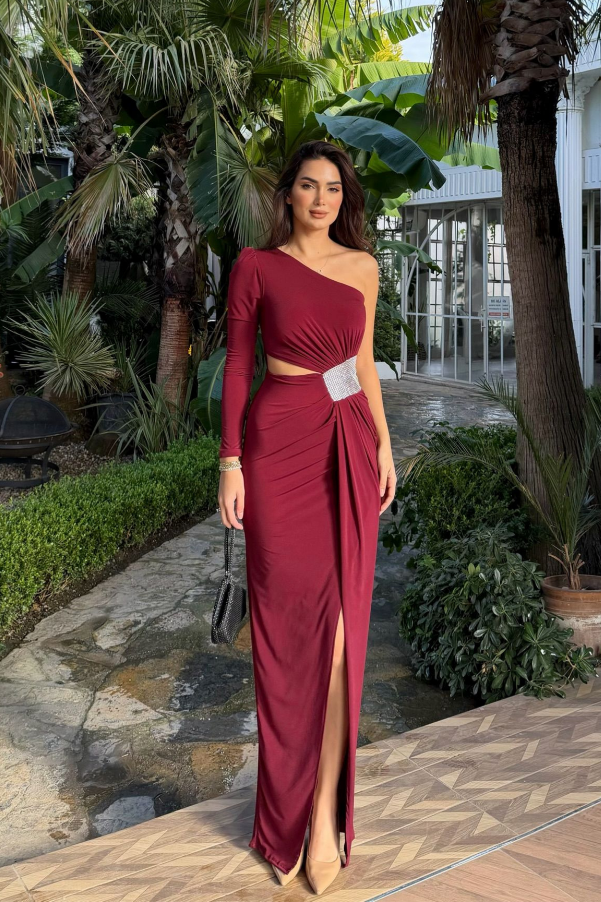 Burçin Tek Kol Bel Dekolteli Abiye 583372 BORDO