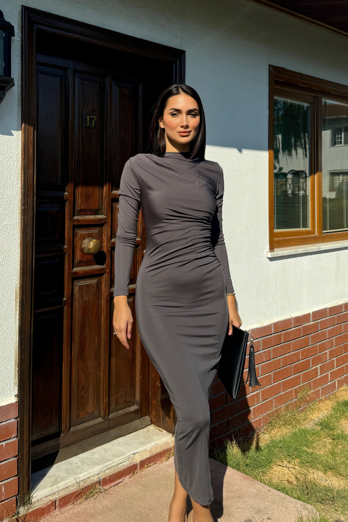 Büzgülü Maxi Elbise 3046 ANTRASİT