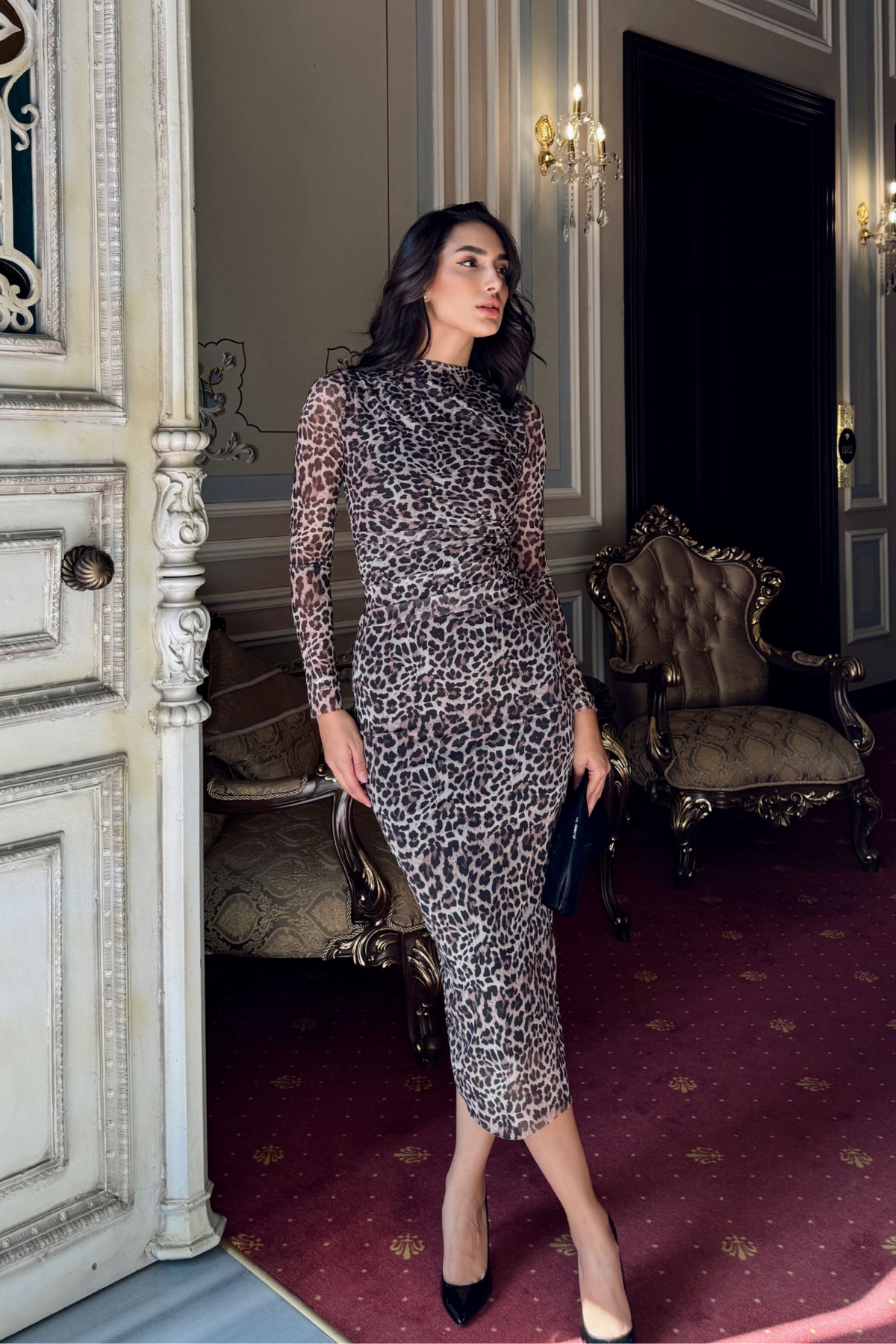 Büzgülü Maxi Tül Elbise 3079 LEOPAR