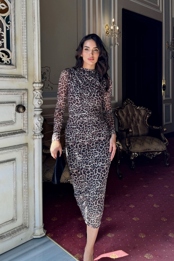 Büzgülü Maxi Tül Elbise 3079 LEOPAR
