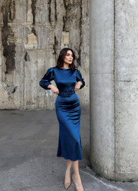 Calia Kemer Detay Saten Elbise 95416 İNDİGO