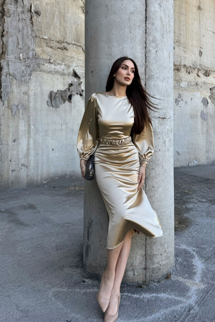 Calia Kemer Detay Saten Elbise 95416 YAĞ YEŞİLİ