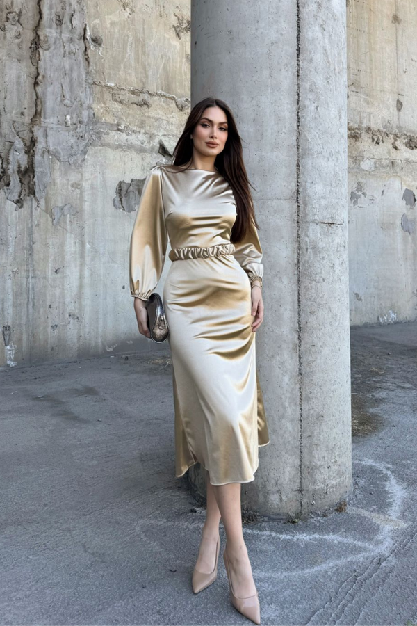 Calia Kemer Detay Saten Elbise 95416 YAĞ YEŞİLİ