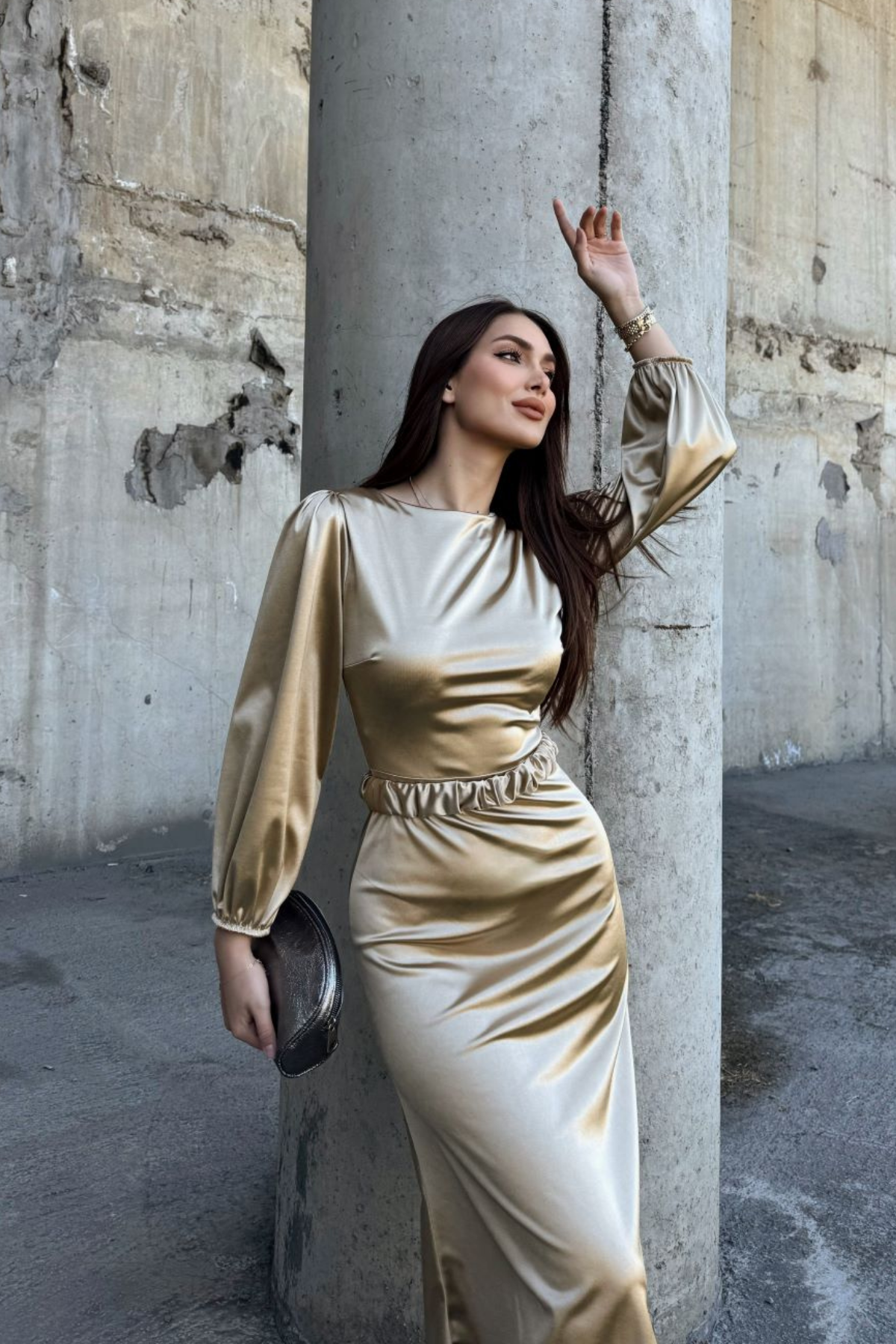 Calia Kemer Detay Saten Elbise 95416 YAĞ YEŞİLİ