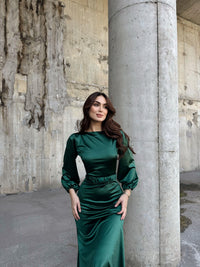 Calia Kemer Detay Saten Elbise 95416 ZÜMRÜT YEŞİLİ