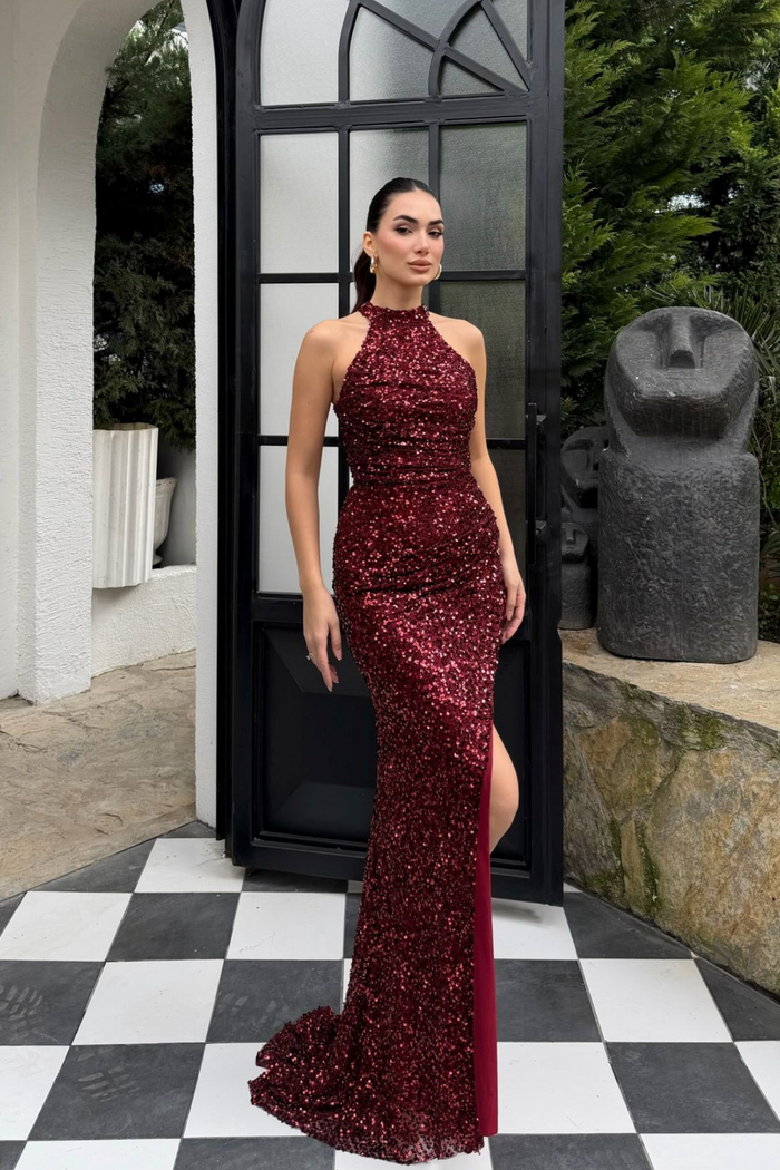 Carolina Dik Yaka Payet Yırtmaç Detay Abiye 1175 BORDO
