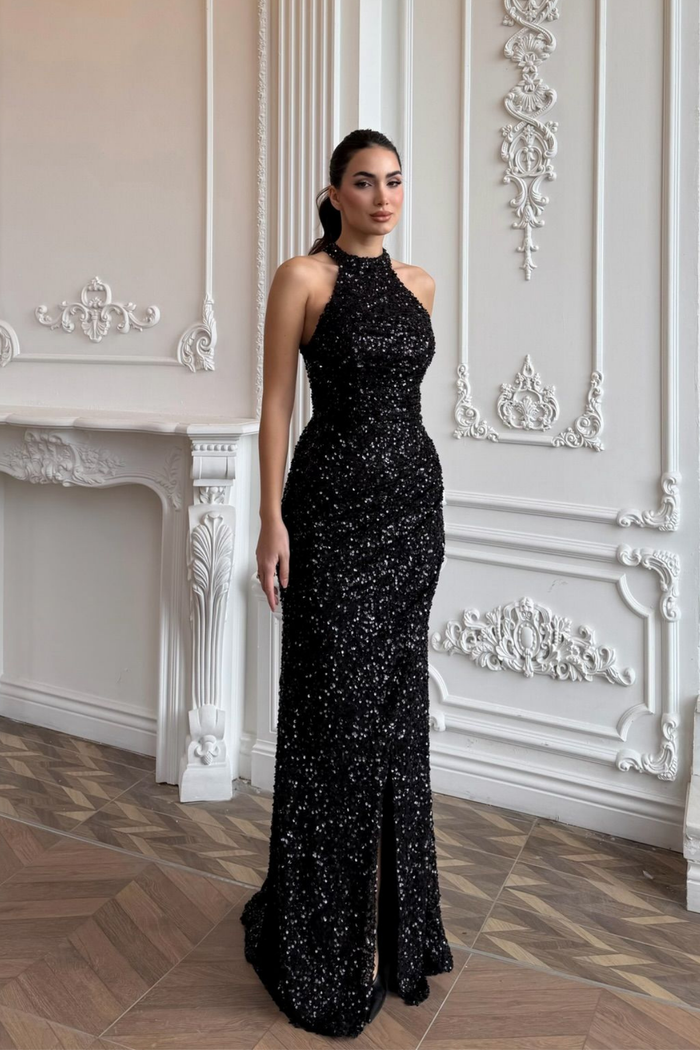 Carolina Dik Yaka Payet Yırtmaç Detay Abiye 1175 SİYAH
