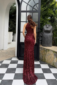 Carolina Dik Yaka Payet Yırtmaç Detay Abiye 1175 BORDO