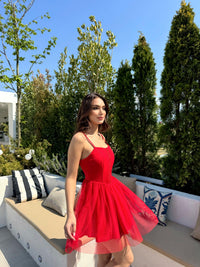 Cloe Tüllü Askılı Mini Elbise 13389 KIRMIZI