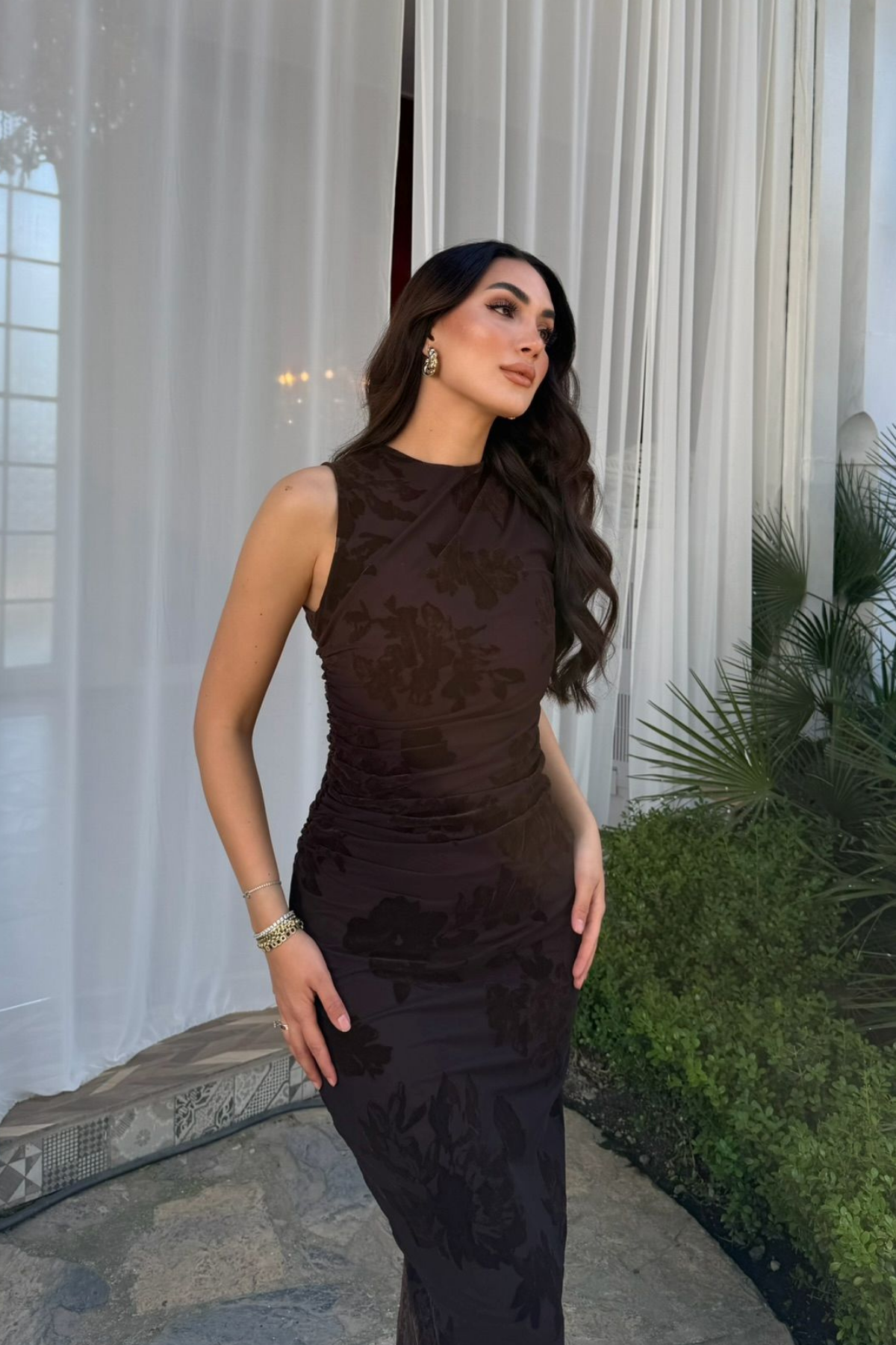 Defne Baskı Detay Midi Elbise 7253 ACI KAHVE