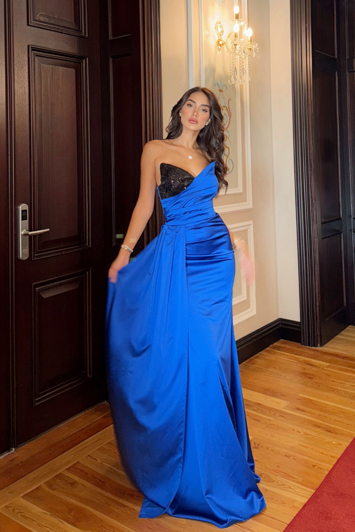 Dina Göğüs İşleme Detay Saten Abiye 9320 SAKS MAVİSİ