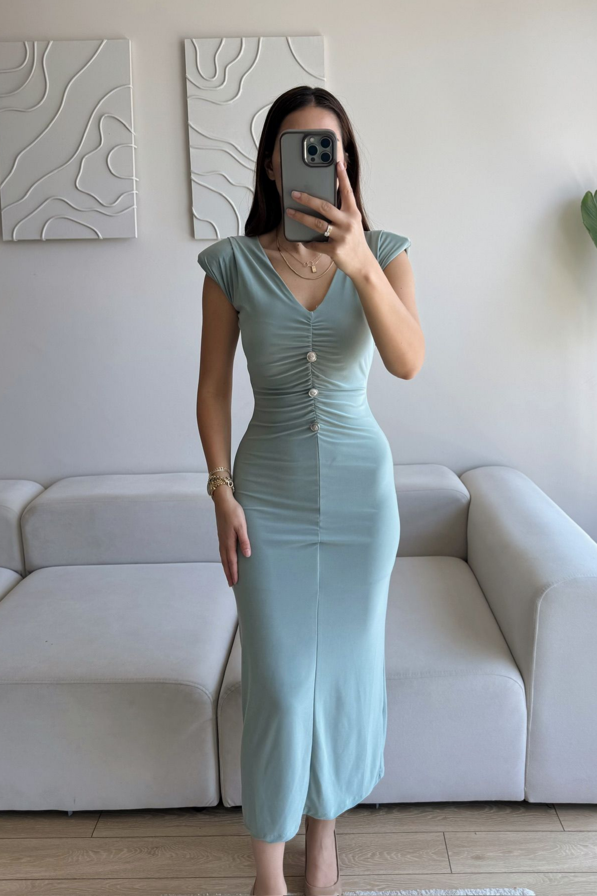 Dora V Yaka Düğmeli Büzgülü Elbise 13754 MİNT YEŞİLİ