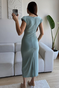 Dora V Yaka Düğmeli Büzgülü Elbise 13754 MİNT YEŞİLİ