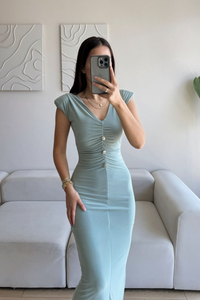 Dora V Yaka Düğmeli Büzgülü Elbise 13754 MİNT YEŞİLİ