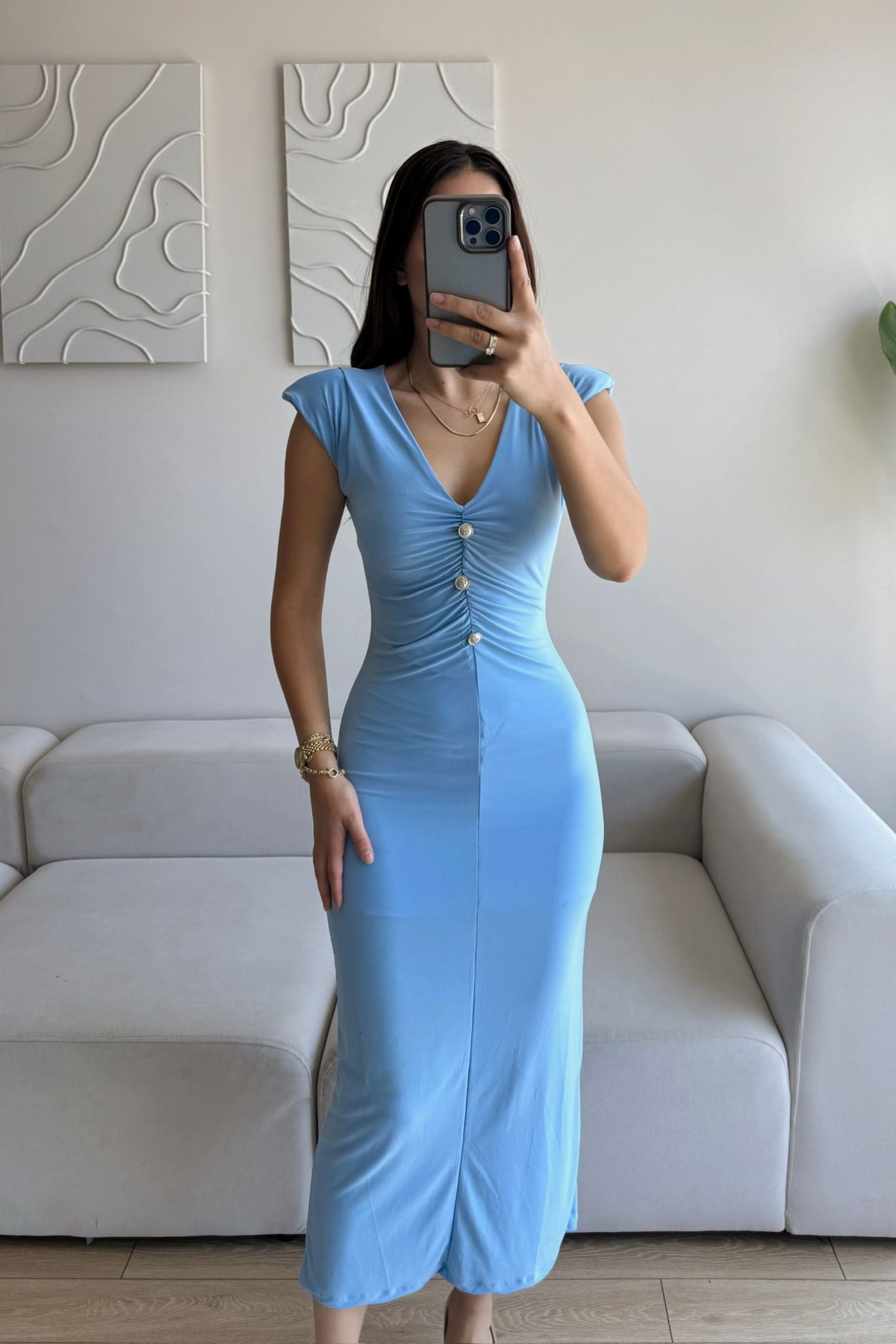 Dora V Yaka Düğmeli Büzgülü Elbise 13754 BEBE MAVİSİ