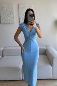 Dora V Yaka Düğmeli Büzgülü Elbise 13754 BEBE MAVİSİ