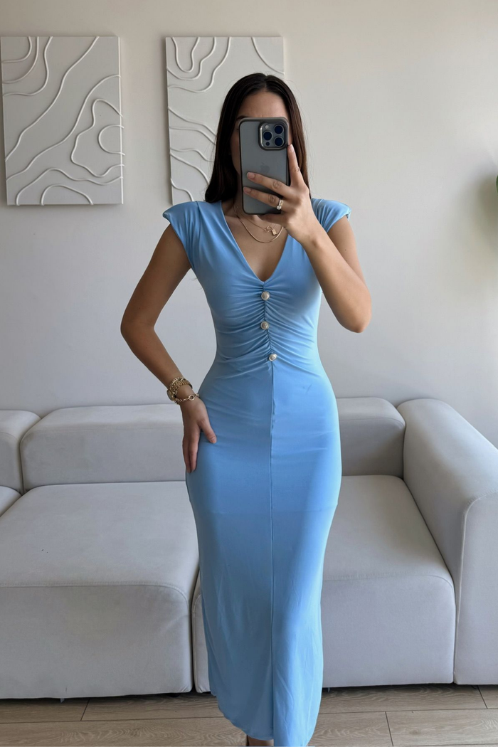 Dora V Yaka Düğmeli Büzgülü Elbise 13754 BEBE MAVİSİ
