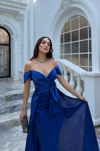 Ela Kayık Yaka Tasarım Abiye 1029 SAKS MAVİSİ