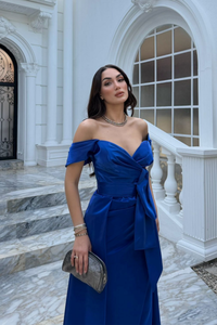 Ela Kayık Yaka Tasarım Abiye 1029 SAKS MAVİSİ
