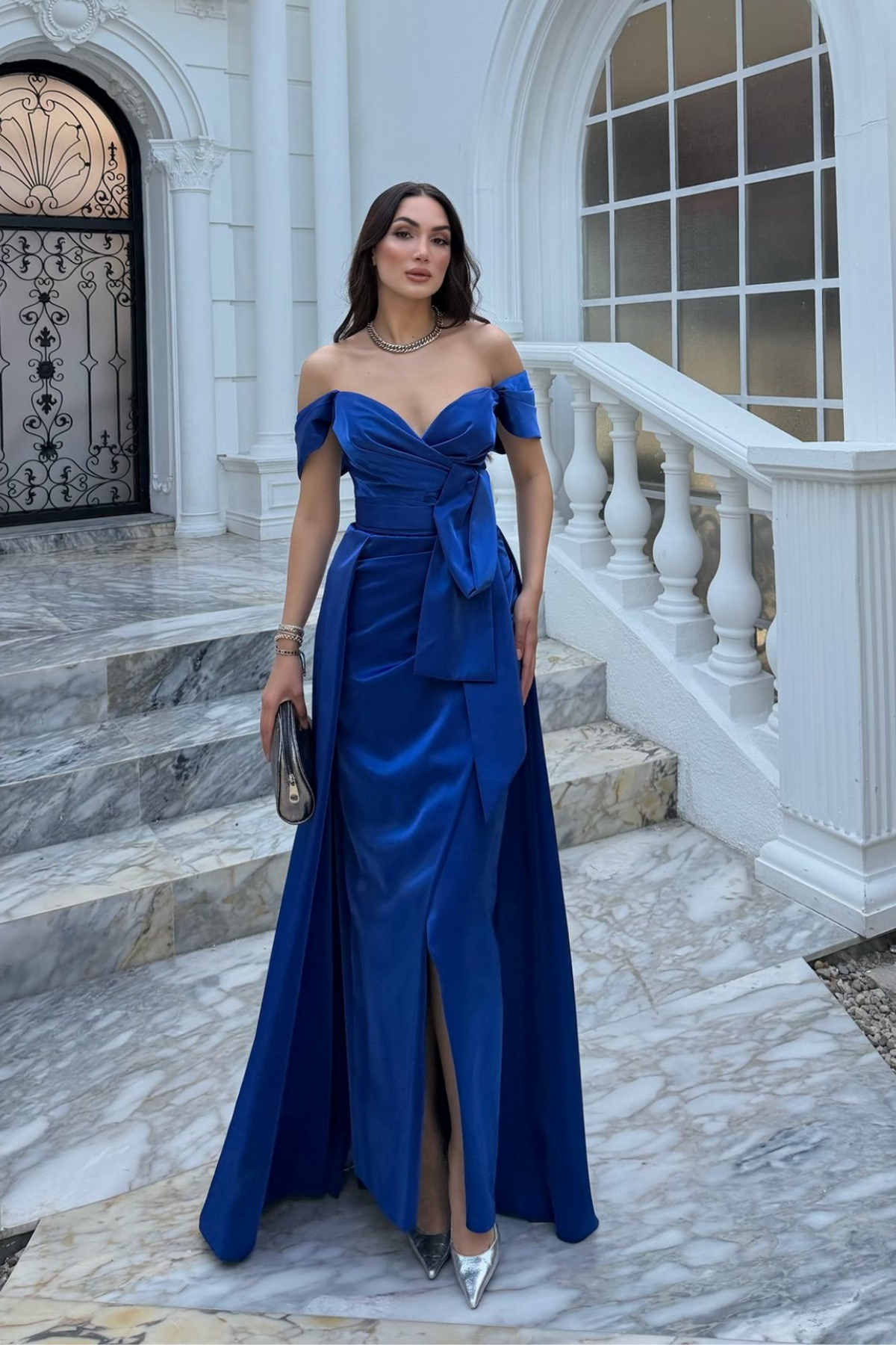 Ela Kayık Yaka Tasarım Abiye 1029 SAKS MAVİSİ