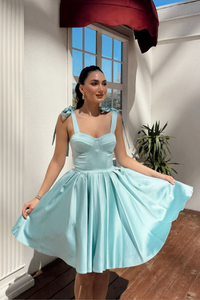 Elçin Balon Etek Askı Kurdele Mini  Elbise 1004 MİNT YEŞİLİ