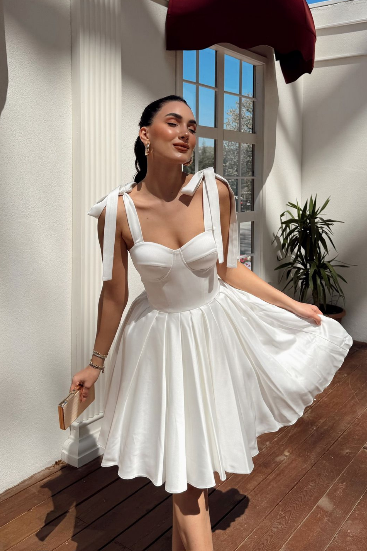 Elçin Balon Etek Askı Kurdele Mini  Elbise 1004 BEYAZ
