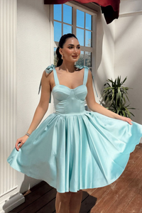 Elçin Balon Etek Askı Kurdele Mini  Elbise 1004 MİNT YEŞİLİ