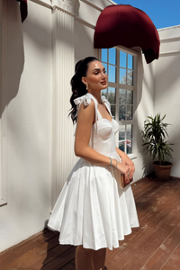 Elçin Balon Etek Askı Kurdele Mini  Elbise 1004 BEYAZ