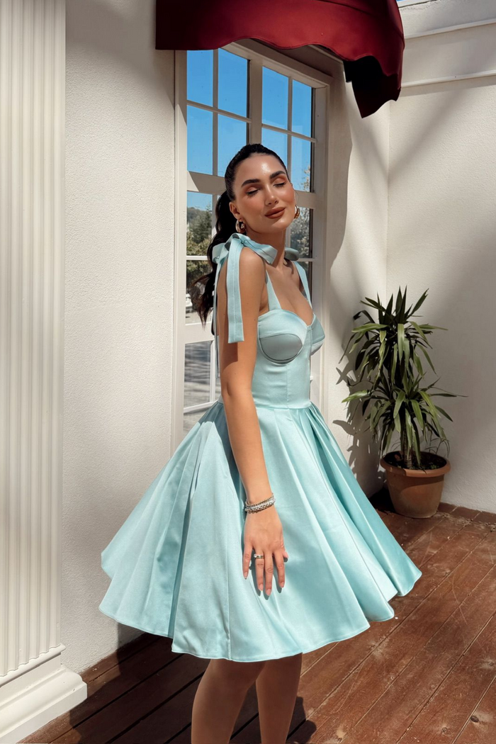 Elçin Balon Etek Askı Kurdele Mini  Elbise 1004 MİNT YEŞİLİ