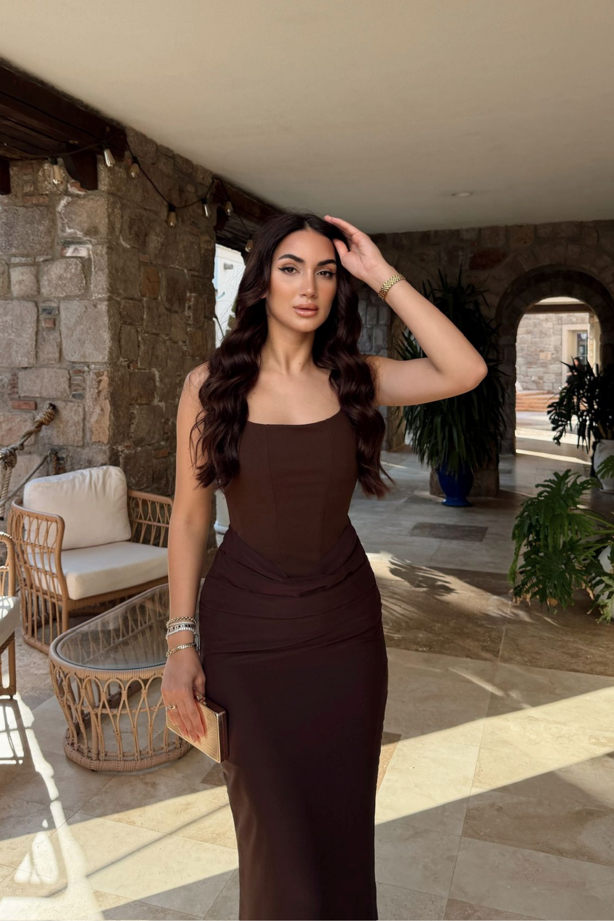 Elinda Askılı Sırt Bağcık Detay Midi Elbise 221813 ACI KAHVE