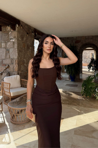 Elinda Askılı Sırt Bağcık Detay Midi Elbise 221813 ACI KAHVE