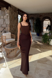 Elinda Askılı Sırt Bağcık Detay Midi Elbise 221813 ACI KAHVE
