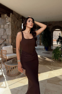 Elinda Askılı Sırt Bağcık Detay Midi Elbise 221813 ACI KAHVE