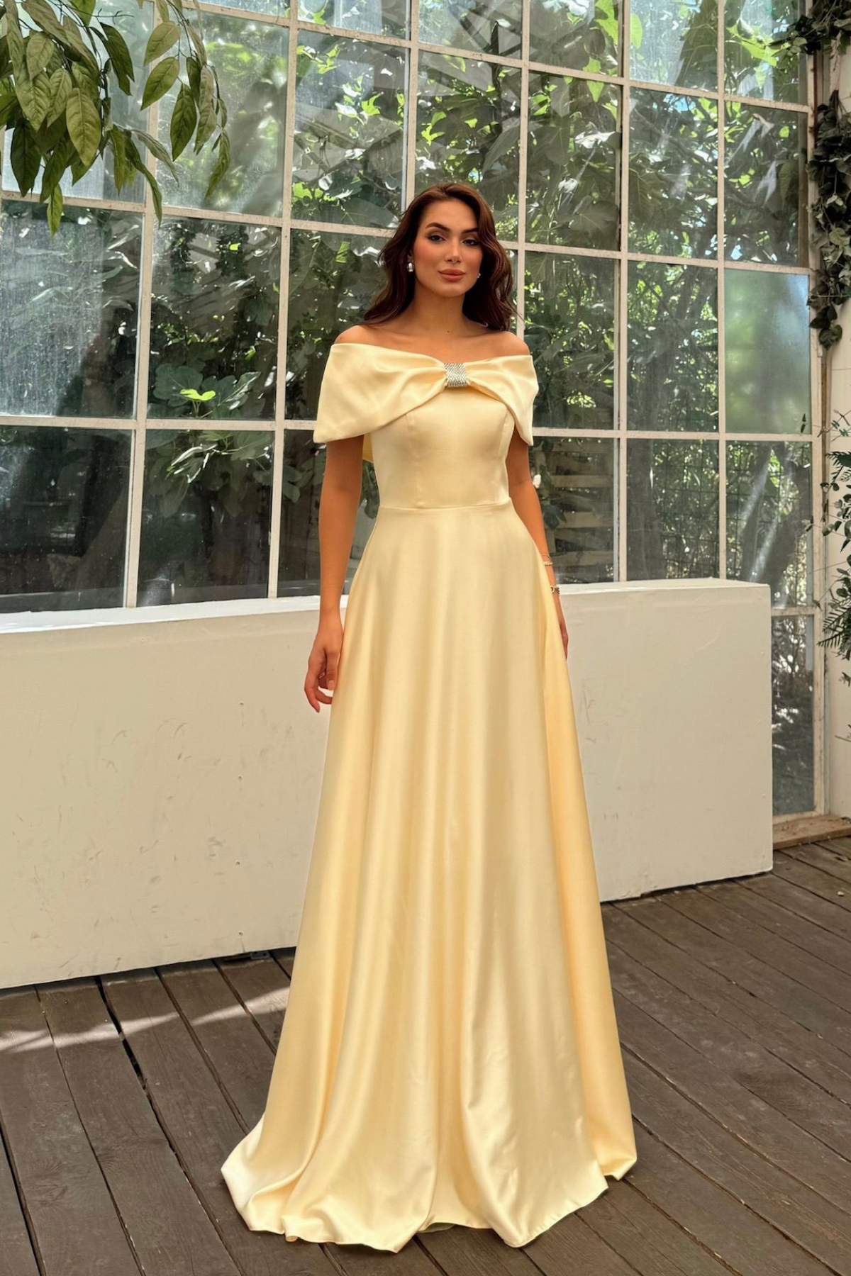 Elisa Kayık Yaka Taş Detay Abiye 1035 SARI