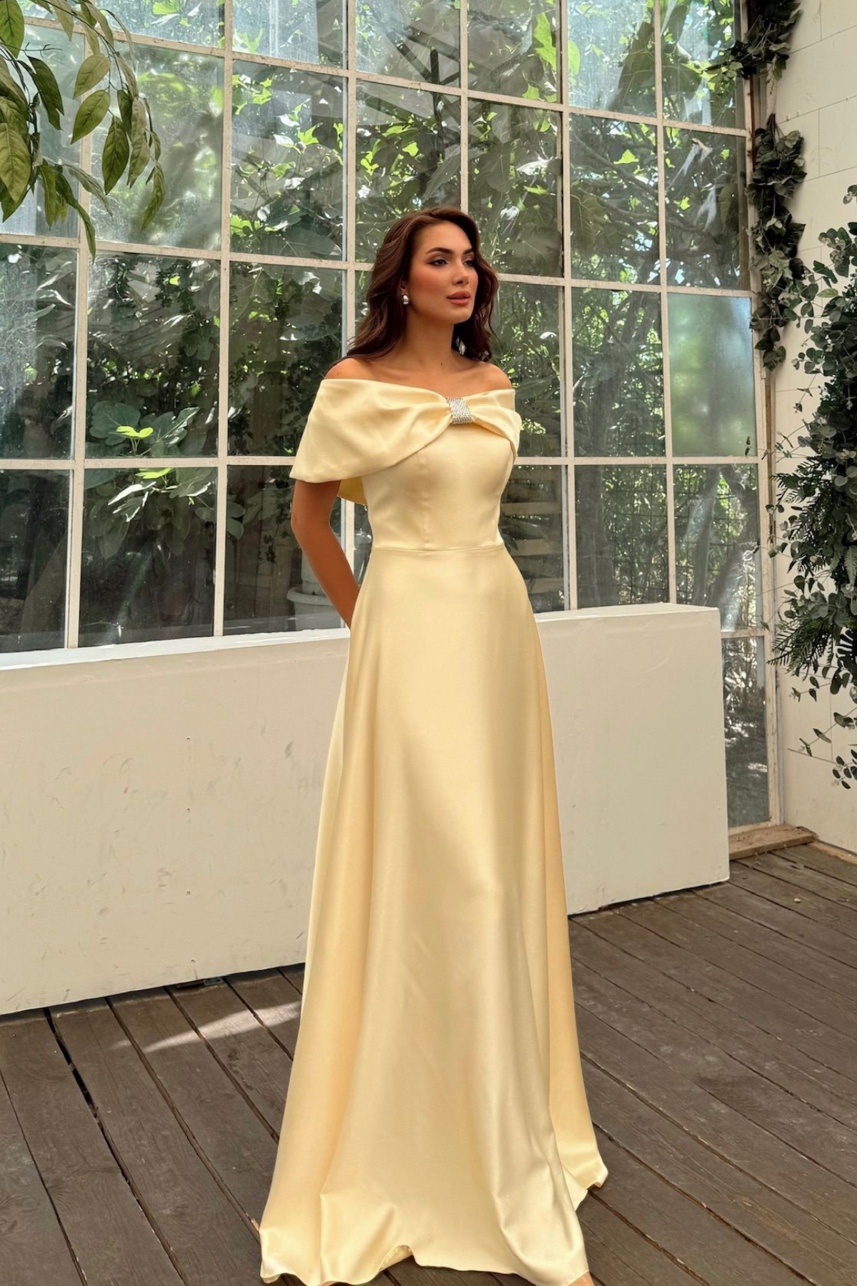 Elisa Kayık Yaka Taş Detay Abiye 1035 SARI