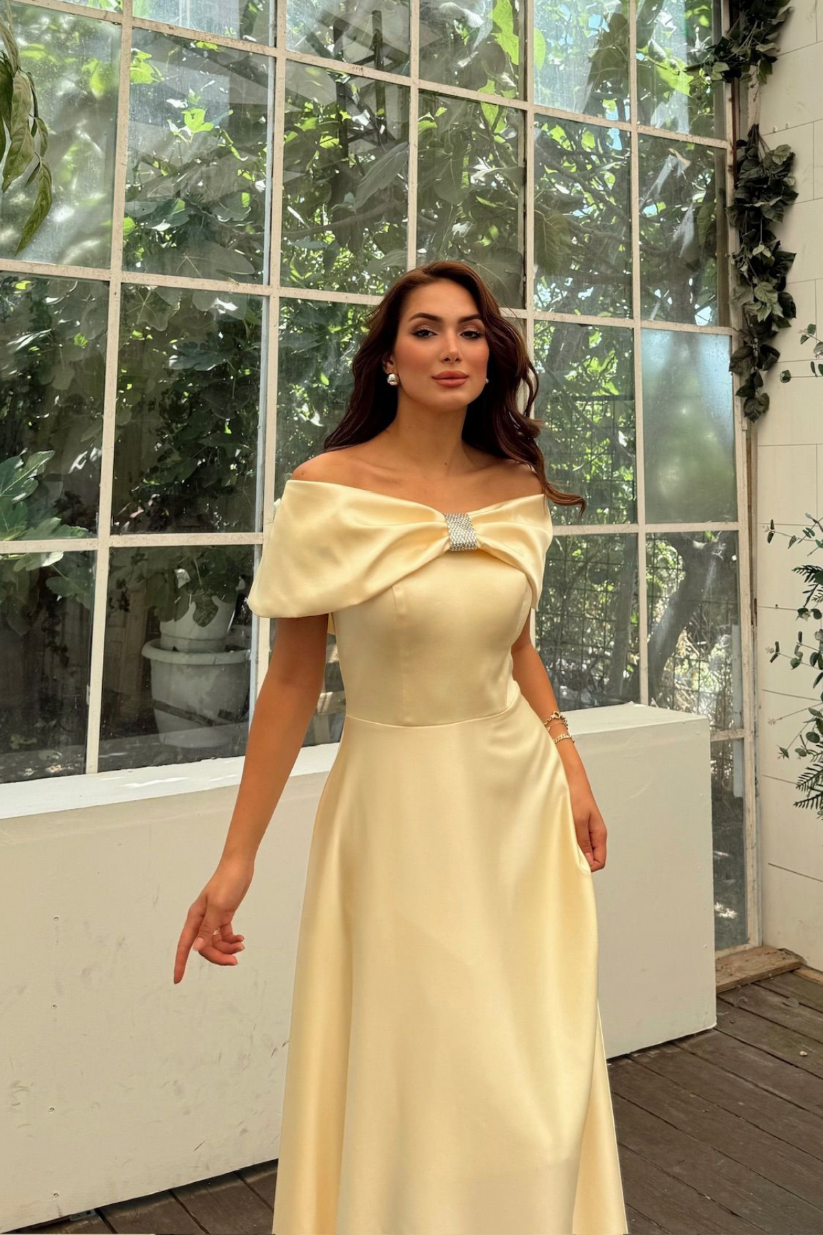 Elisa Kayık Yaka Taş Detay Abiye 1035 SARI